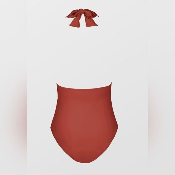 Cupshe brick red Deep V neck halter runched one piece swimsuit size medium - Picture 2 of 3